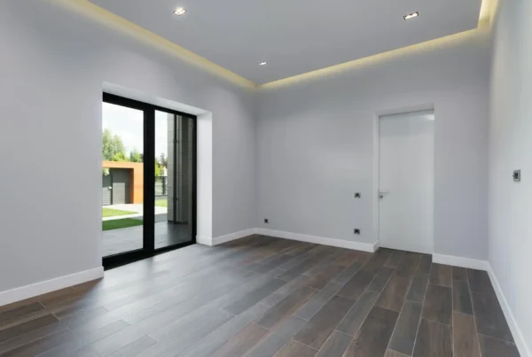 Spacious modern space with glass doors, Install laminate flooring